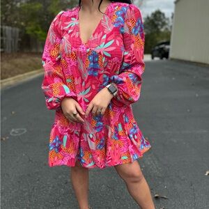 Pink Ruffled Sundress with Long Plunge Sleeves for Wedding Guest